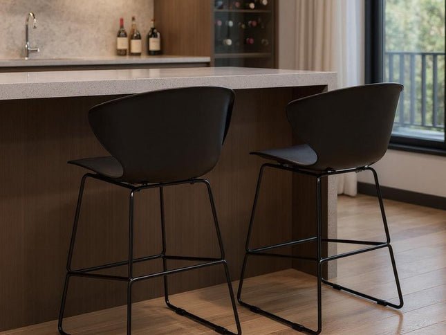Set of Two 30" Black Heavy Duty Plastic and Metal Low Back Bar Height Bar Chairs