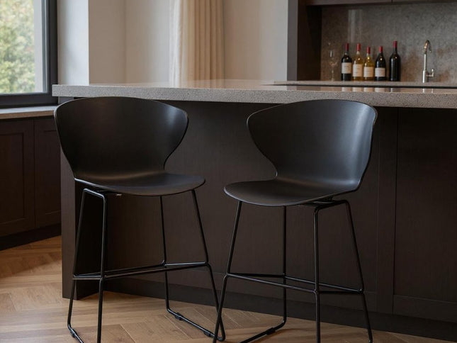 Set of Two 30" Black Heavy Duty Plastic and Metal Low Back Bar Height Bar Chairs