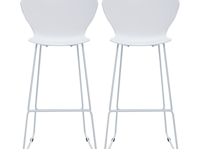 Set of Two 30" White and Silver Heavy Duty Plastic and Metal Low Back Bar Height Bar Chairs