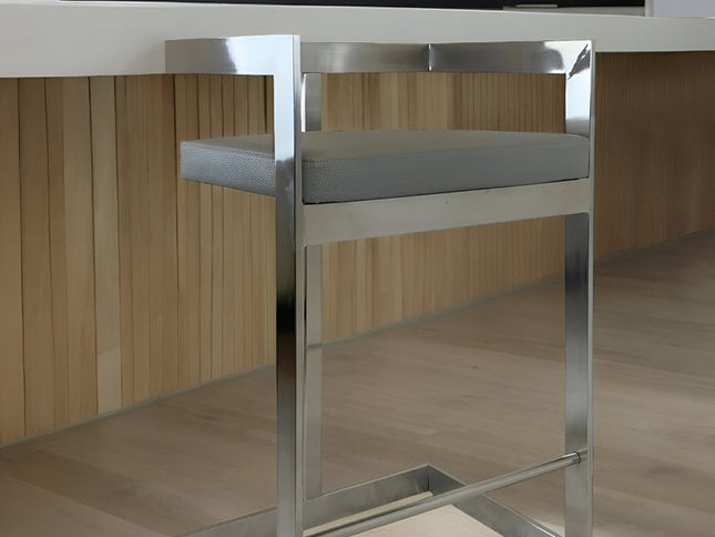 26" Gray and Silver Faux Leather and Metal Low Back Counter Height Bar Chair