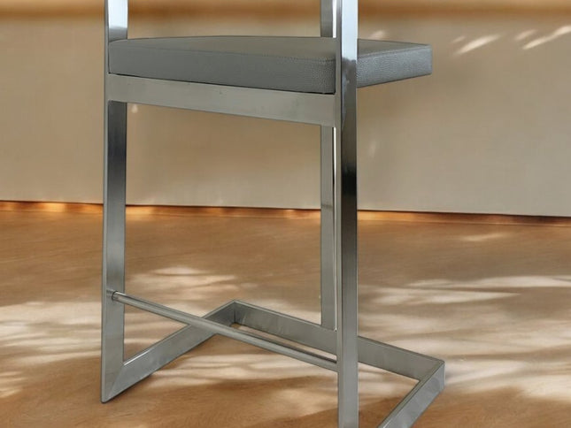 26" Gray and Silver Faux Leather and Metal Low Back Counter Height Bar Chair
