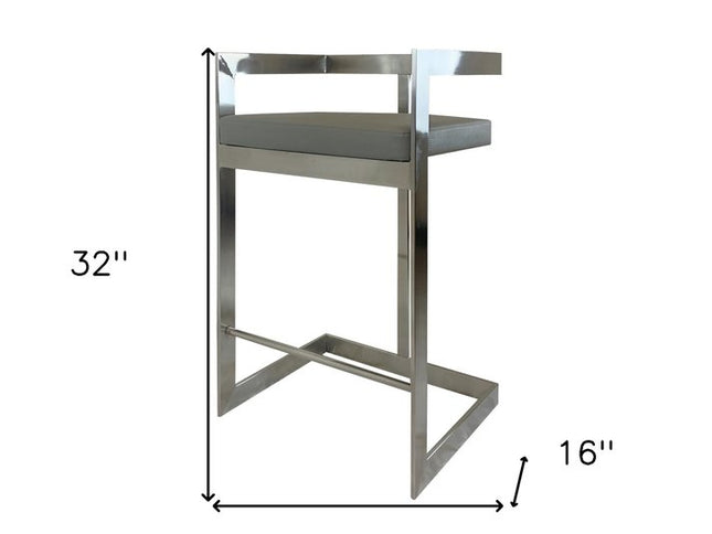 26" Gray and Silver Faux Leather and Metal Low Back Counter Height Bar Chair