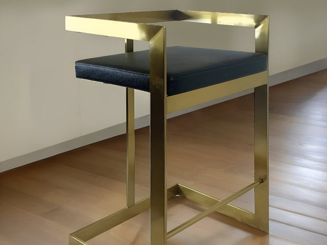 26" Black and Gold Faux Leather and Stainless Steel Low Back Counter Height Bar Chair