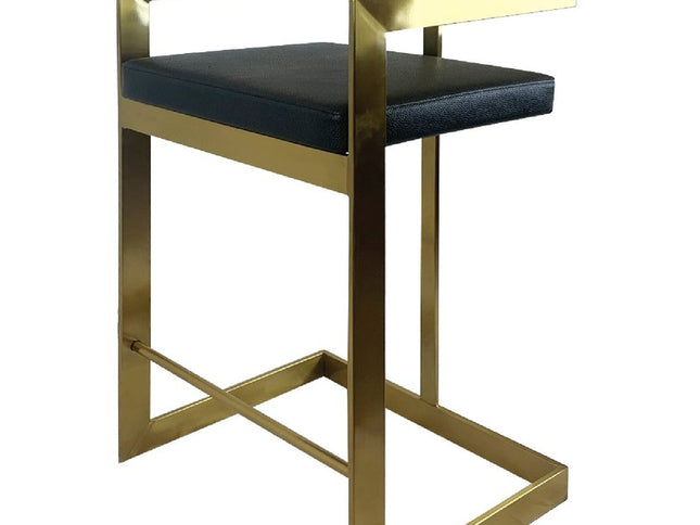 26" Black and Gold Faux Leather and Stainless Steel Low Back Counter Height Bar Chair