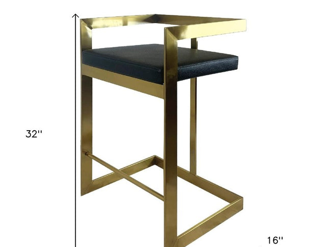 26" Black and Gold Faux Leather and Stainless Steel Low Back Counter Height Bar Chair