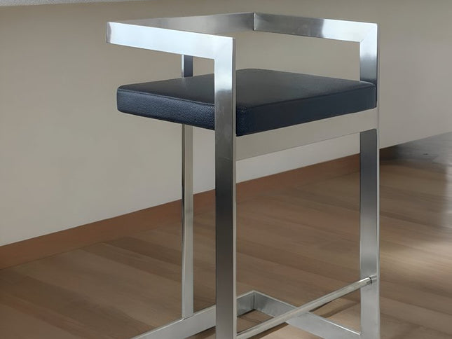 26" Black and Silver Faux Leather and Metal Low Back Counter Height Bar Chair