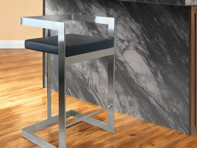 26" Black and Silver Faux Leather and Metal Low Back Counter Height Bar Chair