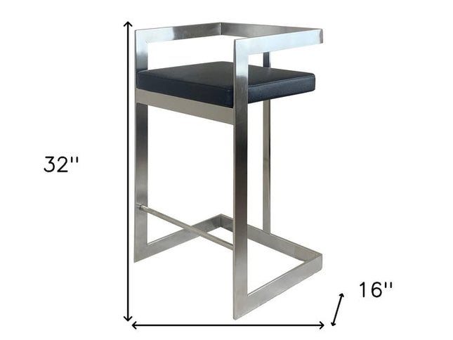 26" Black and Silver Faux Leather and Metal Low Back Counter Height Bar Chair