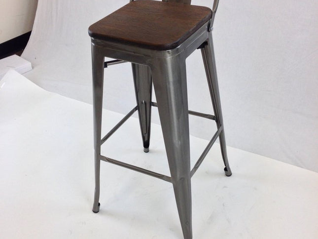 Set of Four 30" Brown and Gray Solid Wood and Metal Low Back Bar Height Bar Chairs