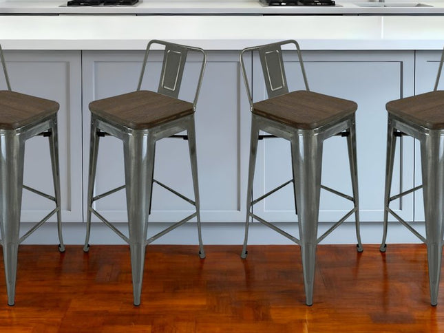 Set of Four 30" Brown and Gray Solid Wood and Metal Low Back Bar Height Bar Chairs