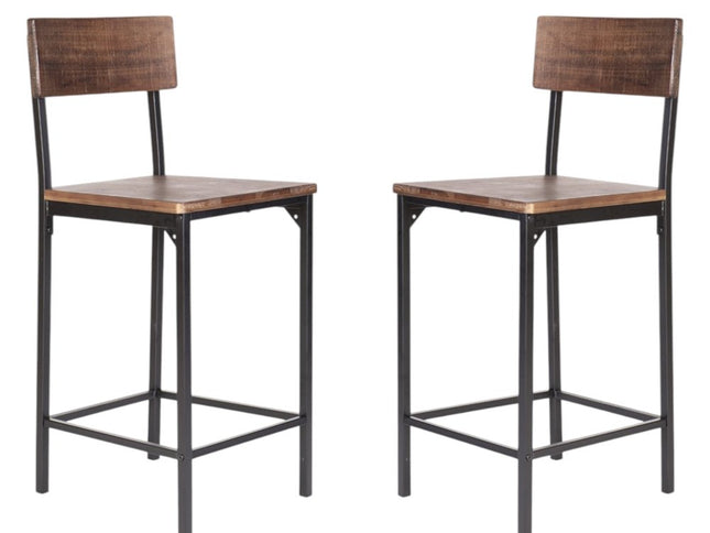 Set of Two 25" Brown and Black Solid Wood and Metal Counter Height Bar Chairs