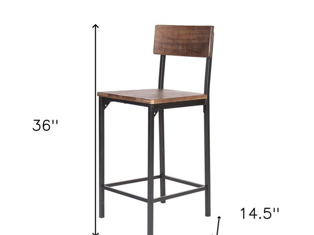Set of Two 25" Brown and Black Solid Wood and Metal Counter Height Bar Chairs