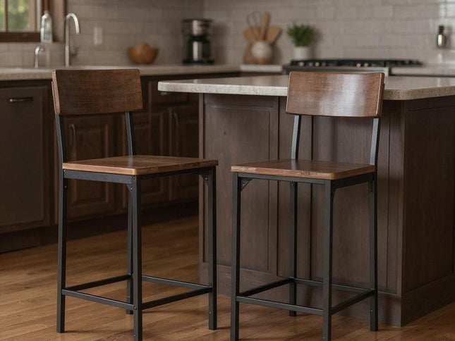 Set of Two 25" Brown and Black Solid Wood and Metal Counter Height Bar Chairs