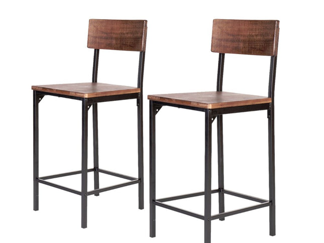 Set of Two 25" Brown and Black Solid Wood and Metal Counter Height Bar Chairs