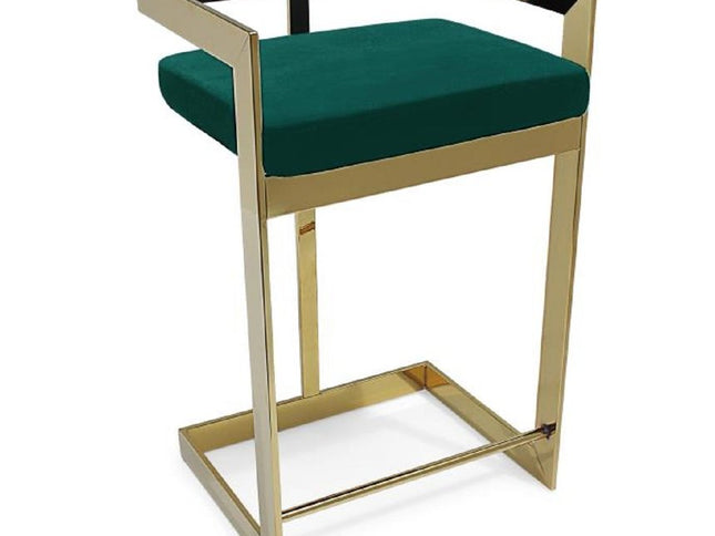 30" Green and Gold Metal and Velvet Low Back Bar Height Bar Chair