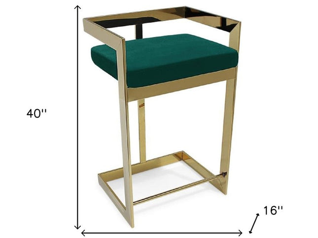 30" Green and Gold Metal and Velvet Low Back Bar Height Bar Chair