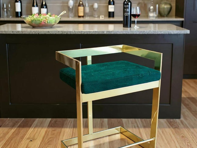 30" Green and Gold Metal and Velvet Low Back Bar Height Bar Chair