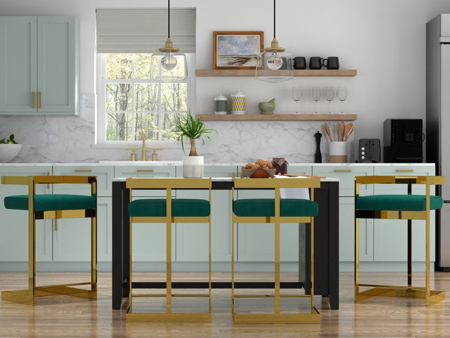 26" Green and Gold Velvet and Stainless Steel Backless Bar Height Bar Chair