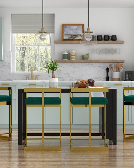 26" Green and Gold Velvet and Stainless Steel Backless Bar Height Bar Chair