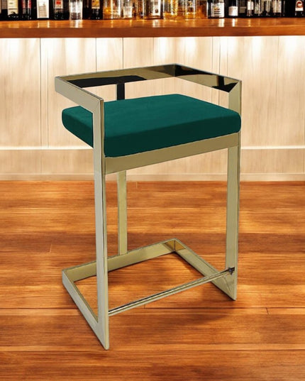 26" Green and Gold Velvet and Stainless Steel Backless Bar Height Bar Chair
