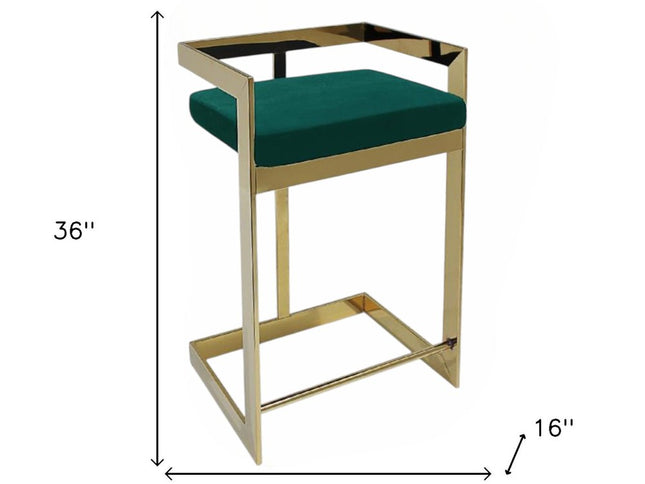 26" Green and Gold Velvet and Stainless Steel Backless Bar Height Bar Chair