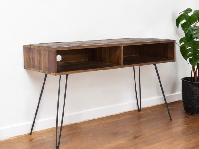 48" Black And Brown Metal And Reclaimed Wood Open Shelving TV Stand