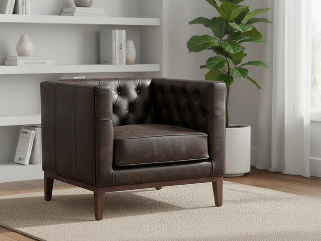 33" Brown and Black Antiqued Top Grain Leather Tufted Club Chair