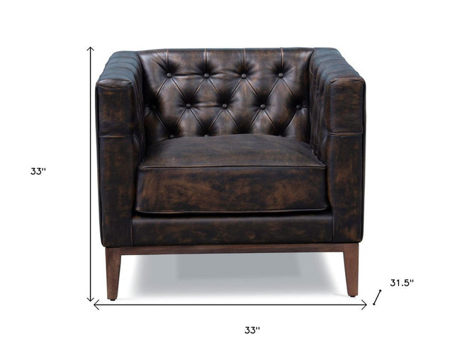 33" Brown and Black Antiqued Top Grain Leather Tufted Club Chair