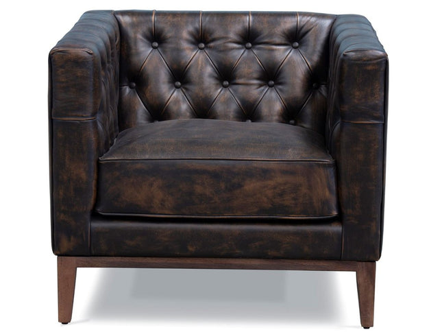 33" Brown and Black Antiqued Top Grain Leather Tufted Club Chair