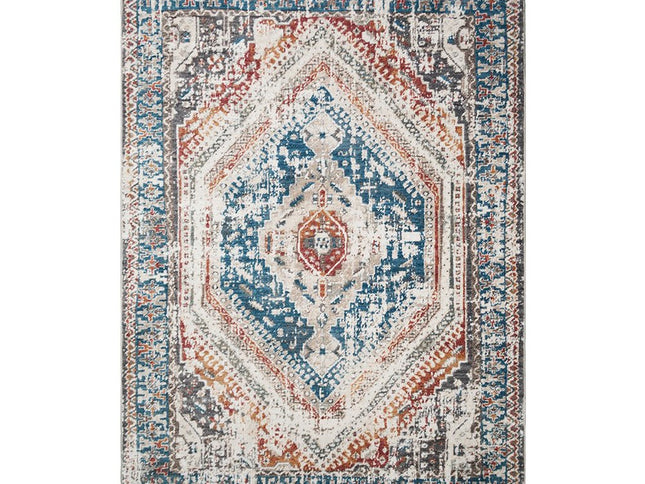 9' X 13' Teal Taupe and Rust Geometric Distressed Area Rug With Fringe