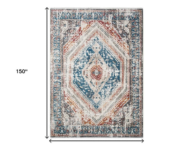 9' X 13' Teal Taupe and Rust Geometric Distressed Area Rug With Fringe