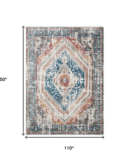 9' X 13' Teal Taupe and Rust Geometric Distressed Area Rug With Fringe