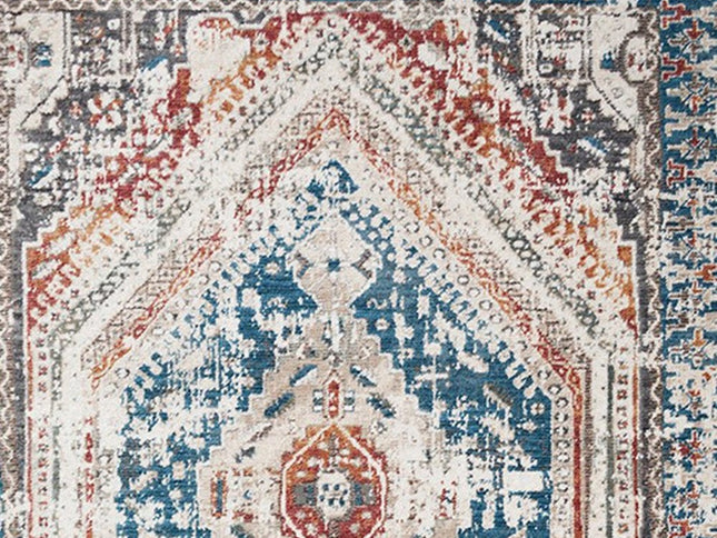 9' X 13' Teal Taupe and Rust Geometric Distressed Area Rug With Fringe