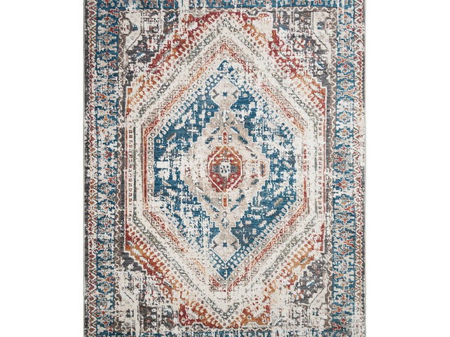 9' X 13' Teal Taupe and Rust Geometric Distressed Area Rug With Fringe