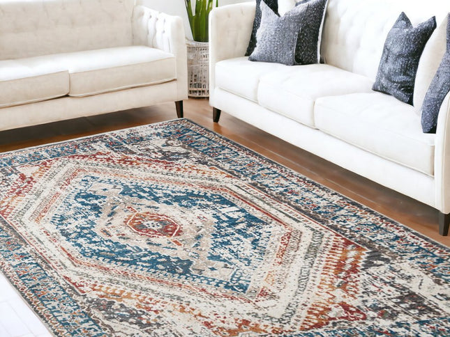 9' X 13' Teal Taupe and Rust Geometric Distressed Area Rug With Fringe