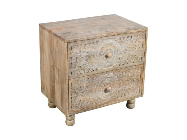 24" Natural Two Drawer Distressed Carved Floral Solid Wood Nightstand
