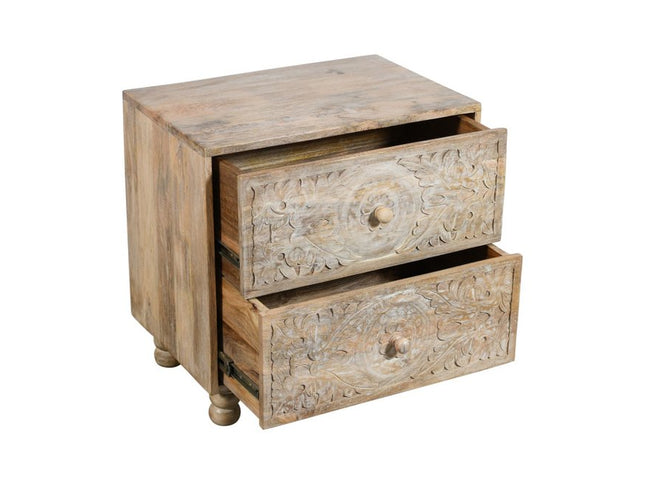 24" Natural Two Drawer Distressed Carved Floral Solid Wood Nightstand