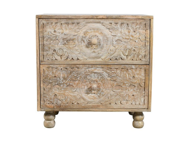 24" Natural Two Drawer Distressed Carved Floral Solid Wood Nightstand