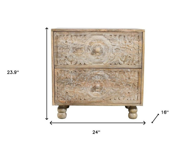 24" Natural Two Drawer Distressed Carved Floral Solid Wood Nightstand