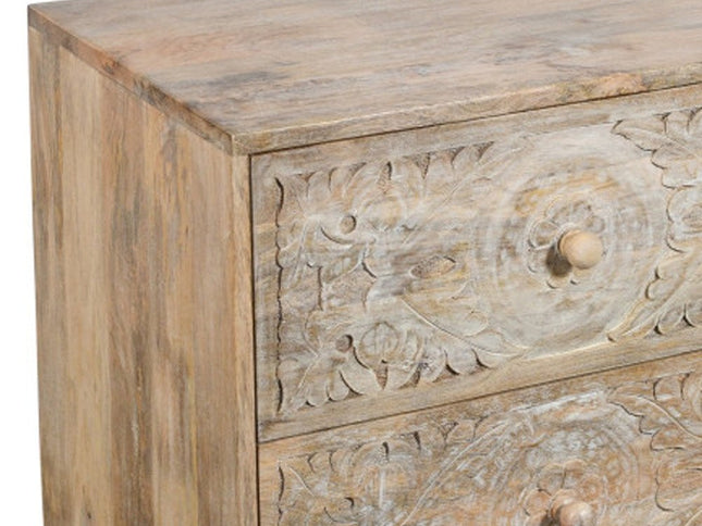 24" Natural Two Drawer Distressed Carved Floral Solid Wood Nightstand