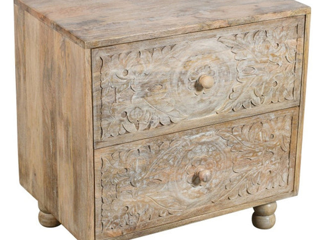 24" Natural Two Drawer Distressed Carved Floral Solid Wood Nightstand