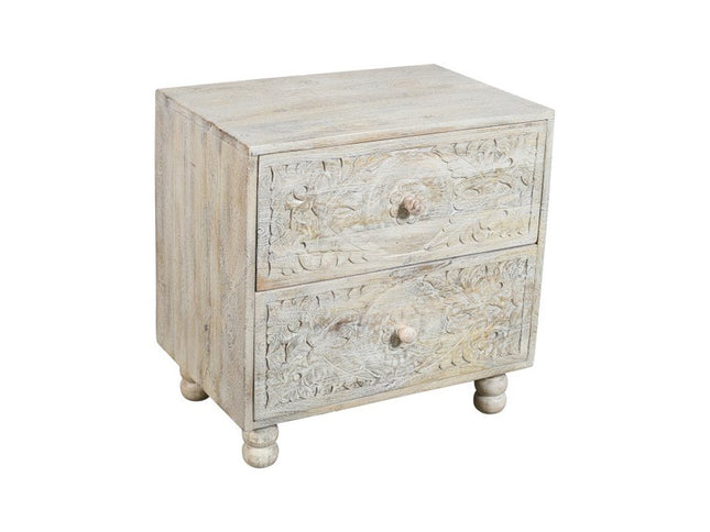 24" Natural And White Solid Wood Distressed Carved Scrollwork Two Drawer Nightstand