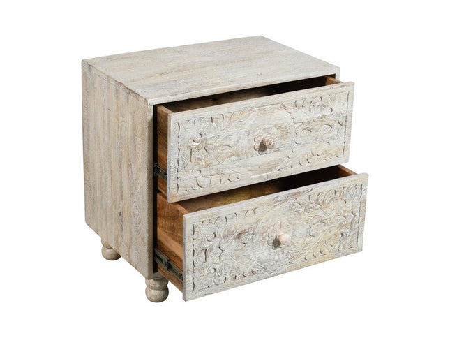 24" Natural And White Solid Wood Distressed Carved Scrollwork Two Drawer Nightstand