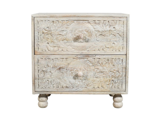 24" Natural And White Solid Wood Distressed Carved Scrollwork Two Drawer Nightstand