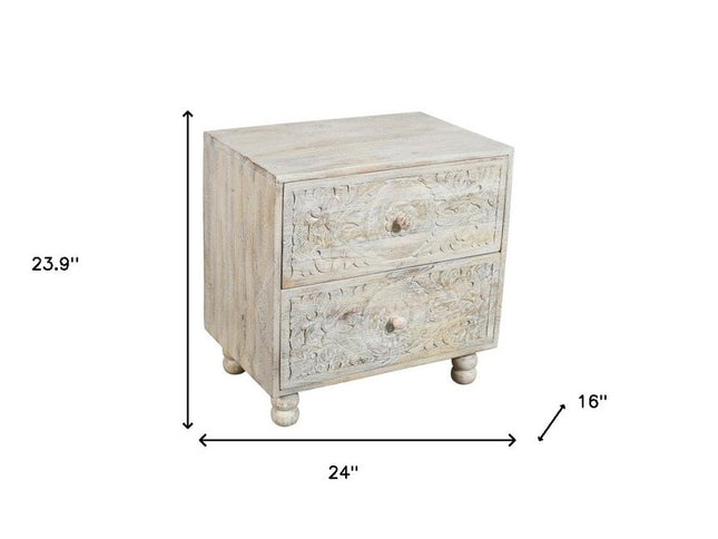 24" Natural And White Solid Wood Distressed Carved Scrollwork Two Drawer Nightstand