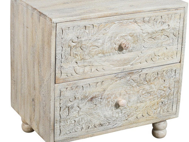 24" Natural And White Solid Wood Distressed Carved Scrollwork Two Drawer Nightstand