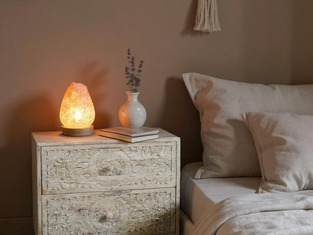 24" Natural And White Solid Wood Distressed Carved Scrollwork Two Drawer Nightstand