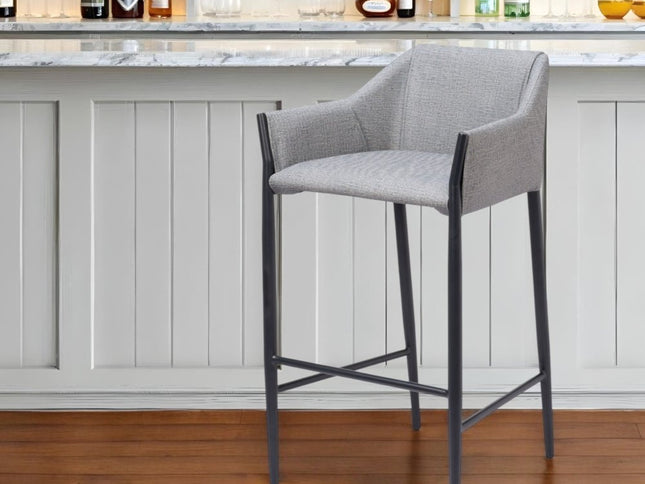 30" Slate Gray And Black Fabric And Steel Bar Height Bar Chair