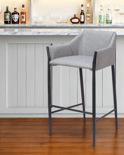 30" Slate Gray And Black Fabric And Steel Bar Height Bar Chair