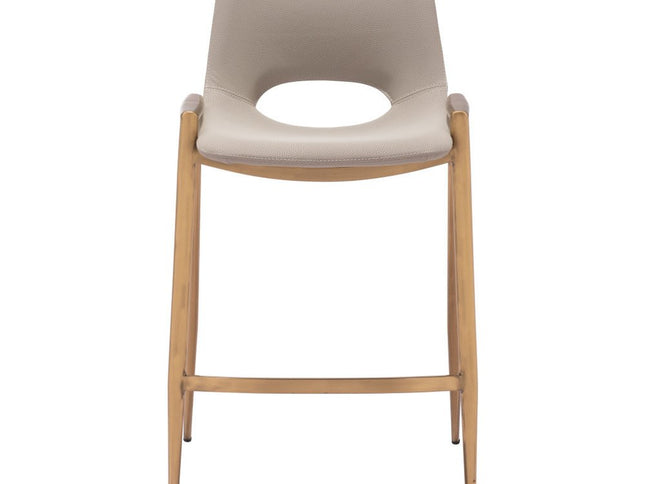 Set of Two 26" Beige And Gold Faux Leather And Steel Low Back Counter Height Bar Chairs